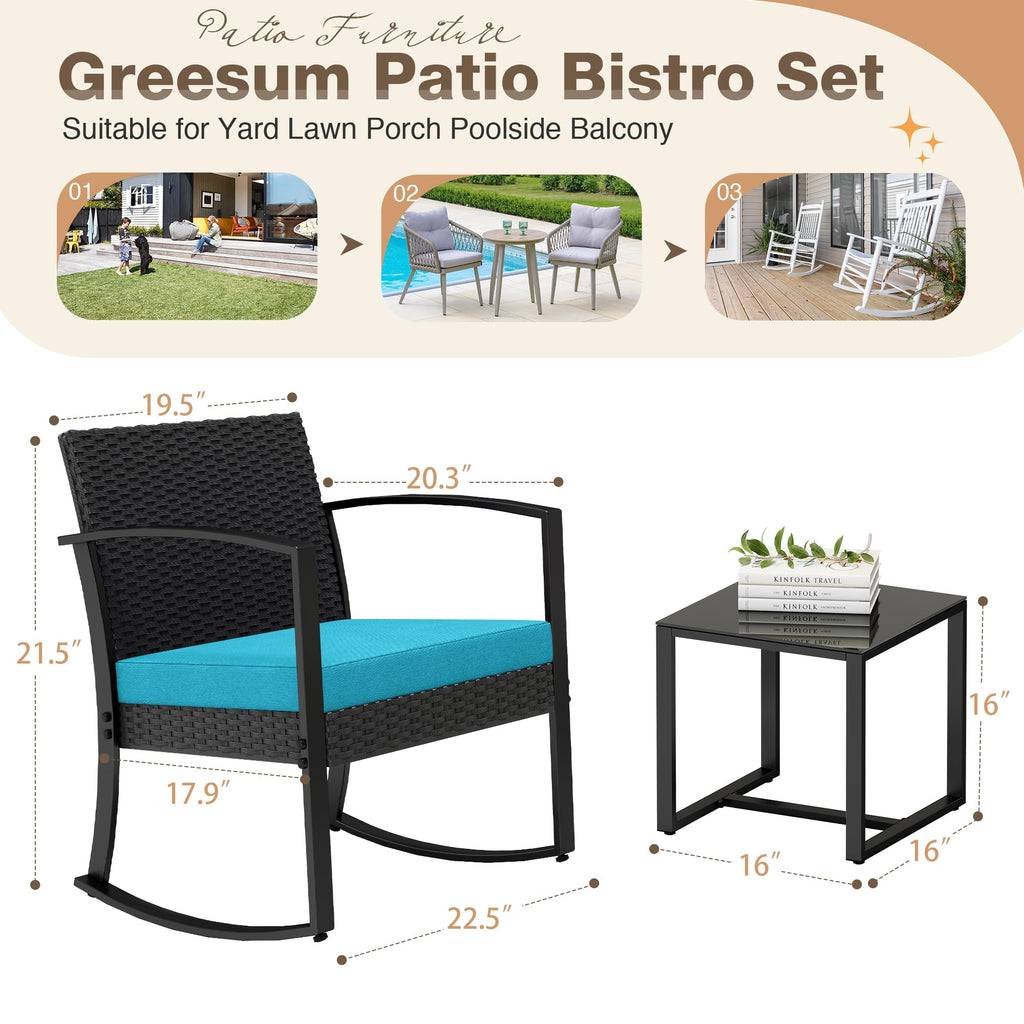 3 Piece Patio Furniture Set, All-Weather Imitation Rattan Conversation Set, Outdoor Rocking Chair Bistro Set with