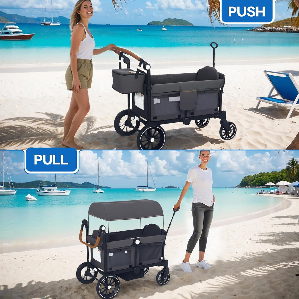 Foldable Wagon Stroller for 2 Kids,Push/Pull Handle Stroller Wagon