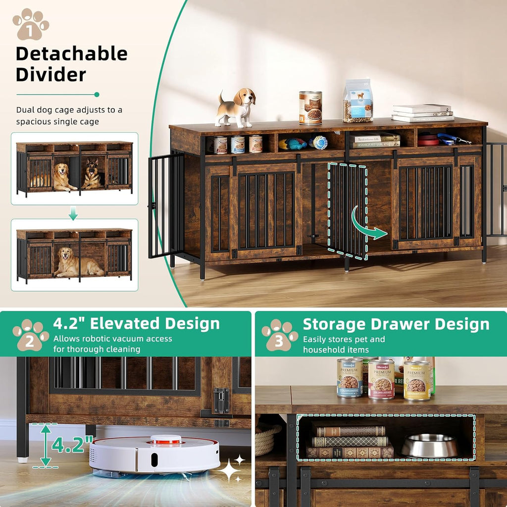 78.7" Dog Crate Furniture with Removable Divider and Drawers
