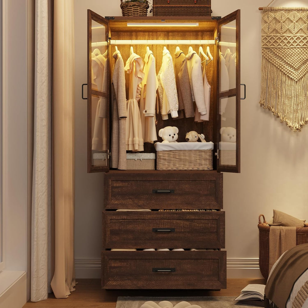75" Tall Farmhouse 2 Doors Armoire Wardrobe Closet with 3 Drawers and LED,Freestanding Closet Wardrobe Cabinet with