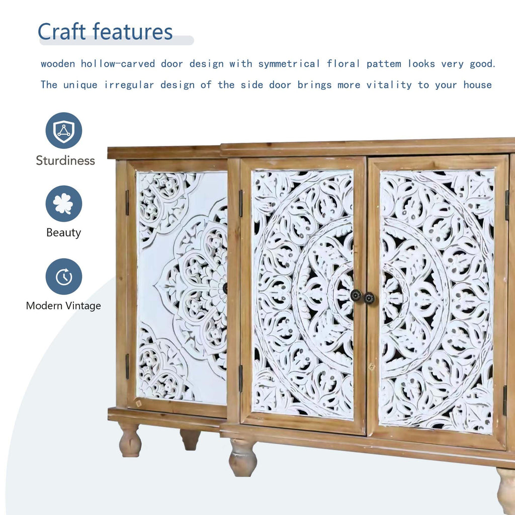 63" Solid Wood Sideboard Buffet Cabinet with Storage, Carved Credenza
