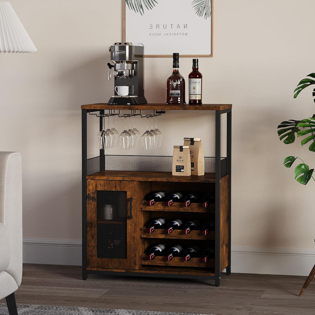 Wine Bar Cabinet with Detachable Wine Rack and Storage Space | 3-Tier Buffet Cabinet with Glass Holder and Mesh Door