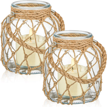 2 Set Nautical Lanterns Rope Handle, Coastal Glass Jar, Clear