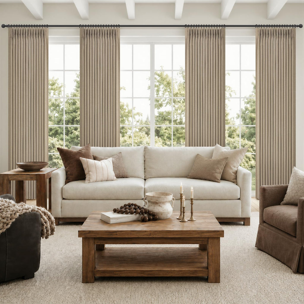 Taupe Pleated Linen Blackout Sliding Doors Curtains 4 Panels Set 84 Inches Long, Memory Trained Pinch Pleat Insulated
