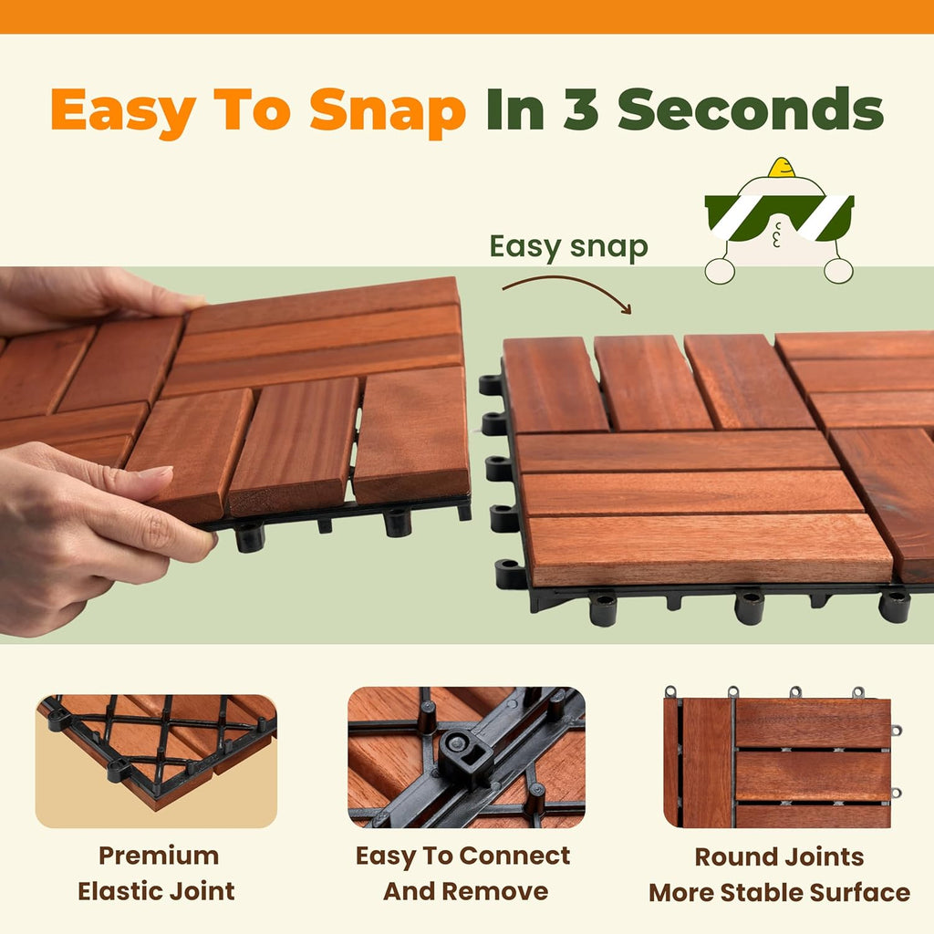Premium Patio Deck Tiles, 10 PCs 12”x12” Snap Together Patio Flooring for Outdoor, Balcony, Porch, Poolside, Waterproof