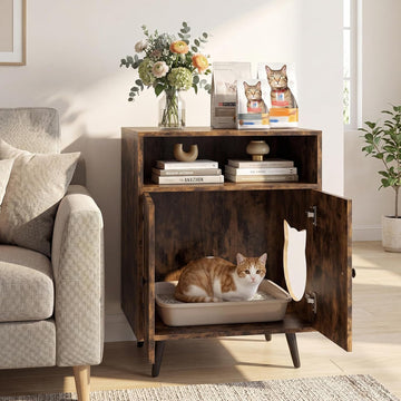 Cat Litter Box Enclosure, Wooden Enclosed Litter Box with Shelves, Hidden Litter Box Furniture End Table (Rustic