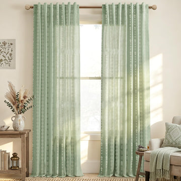 Sage Green Whimsical Sheer Linen Curtains, Boho Floral Striped Gingham Inspired Patterned Drapes Living Room Office