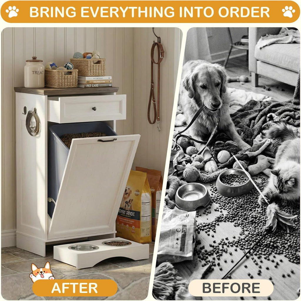 Dog Feeding Station with Storage Cabinet, Tilt-Out Door, Drawer (Black Oak)