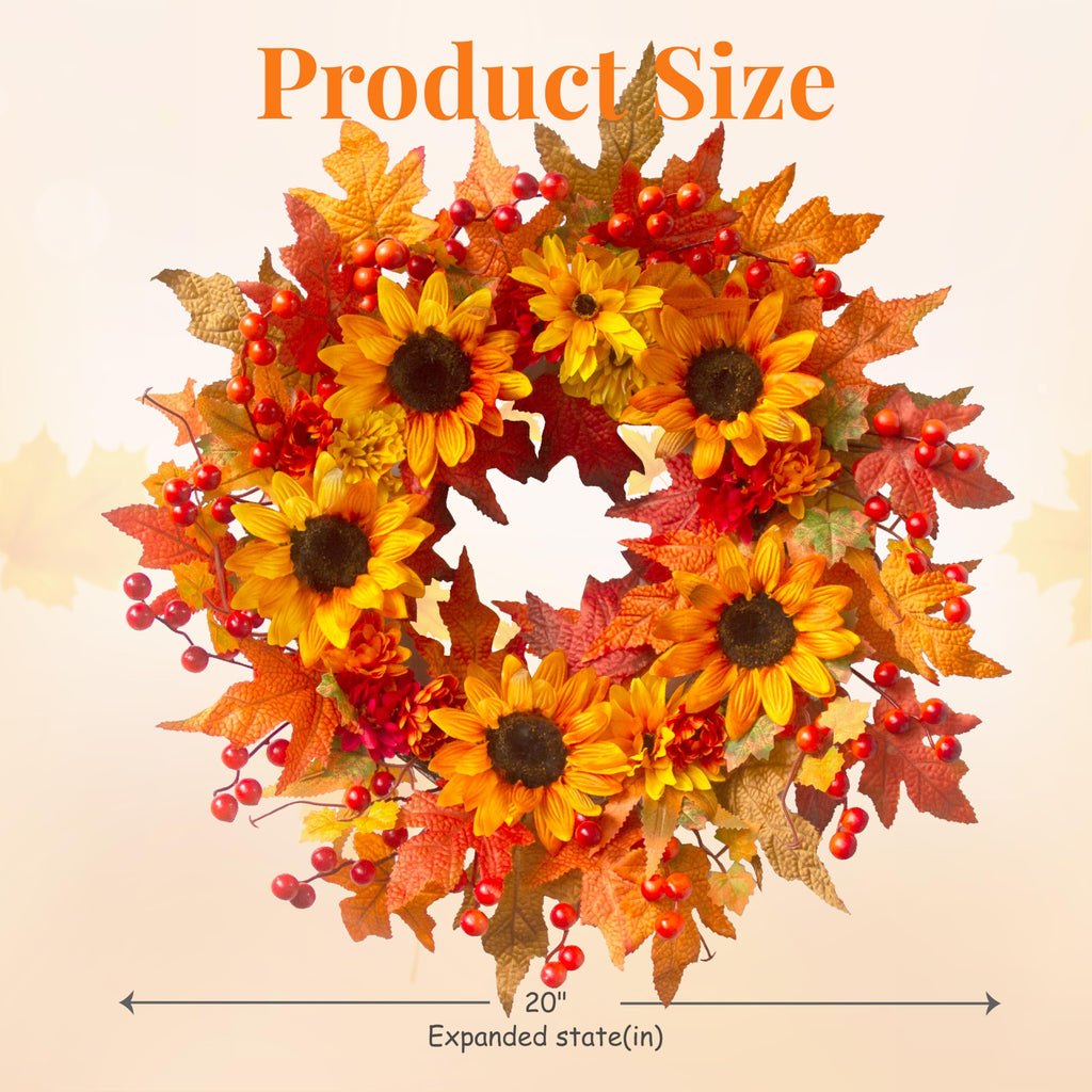 20" Sunflower Fall Wreath for Front Door Outside with Maple Leaves & Berry