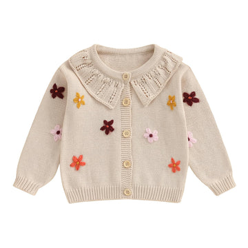 Toddler Girl Cardigan Sweater Floral Button Up Lapel Chunky Sweaters Blouse Jacket Infant Baby Knitted Clothes