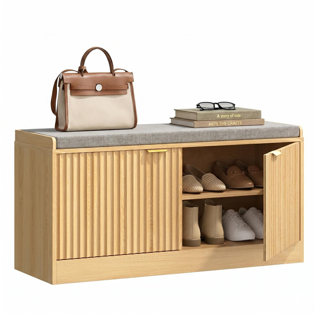 2-Tier Fluted Shoe Storage Bench with Adjustable Shelves and Cushion, Oak丨Entryway Shoe Bench Hidden Shoe Cabinet
