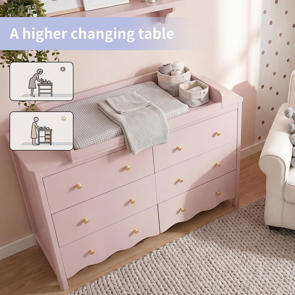 Baby Changing Table (Pink) | Wooden Dresser Kids Dresser with 6 Drawer Dresser Baby Dresser Organizer Diaper Station
