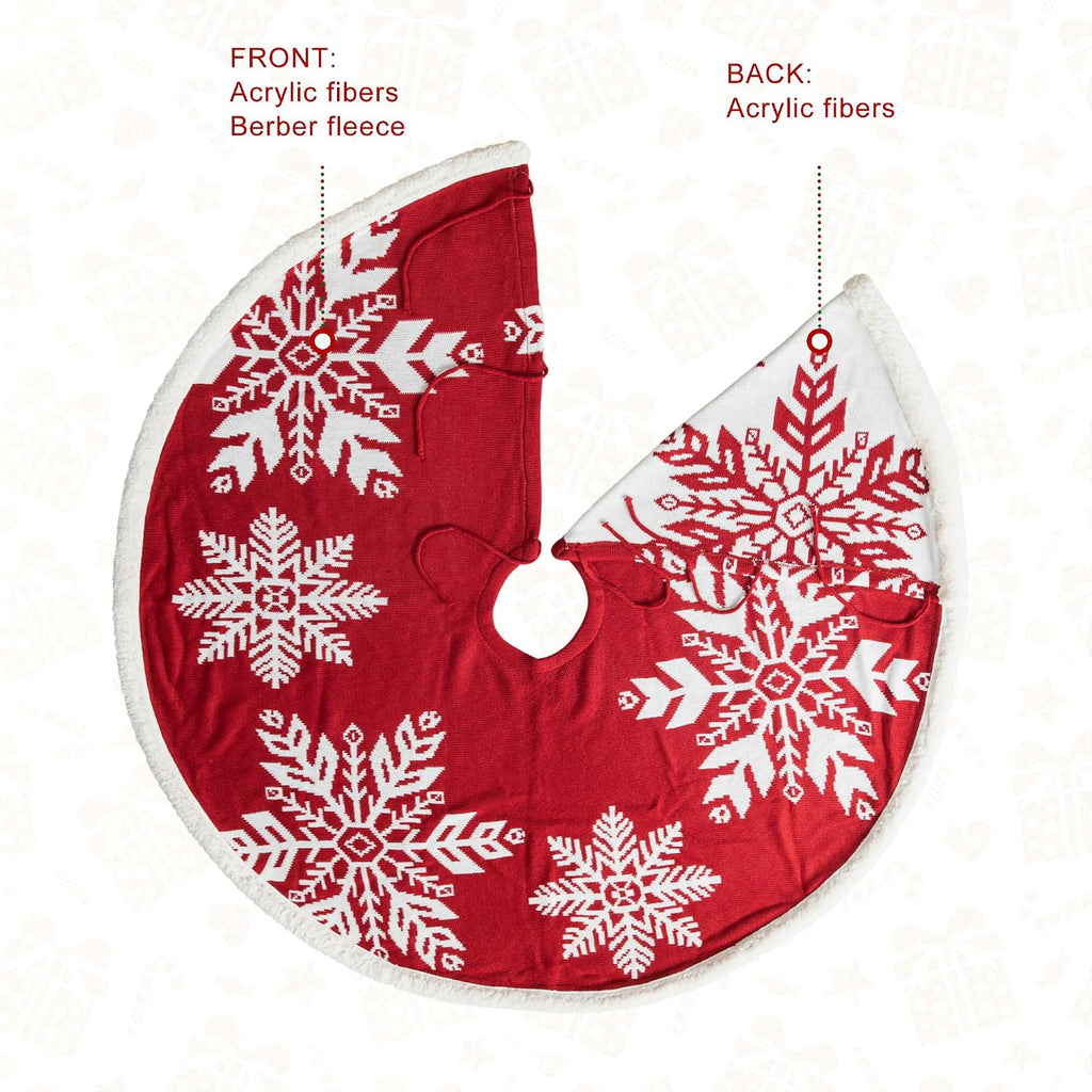48" Knitted Red Christmas Tree Skirt with Snowflake Pattern for Xmas Winter Holiday Party Decoration(White Snowflake)
