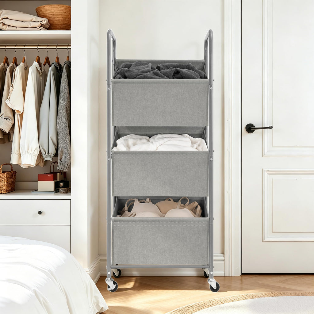 3-Tier Vertical Rolling Laundry Hamper, Removable Bags, Gray Faric