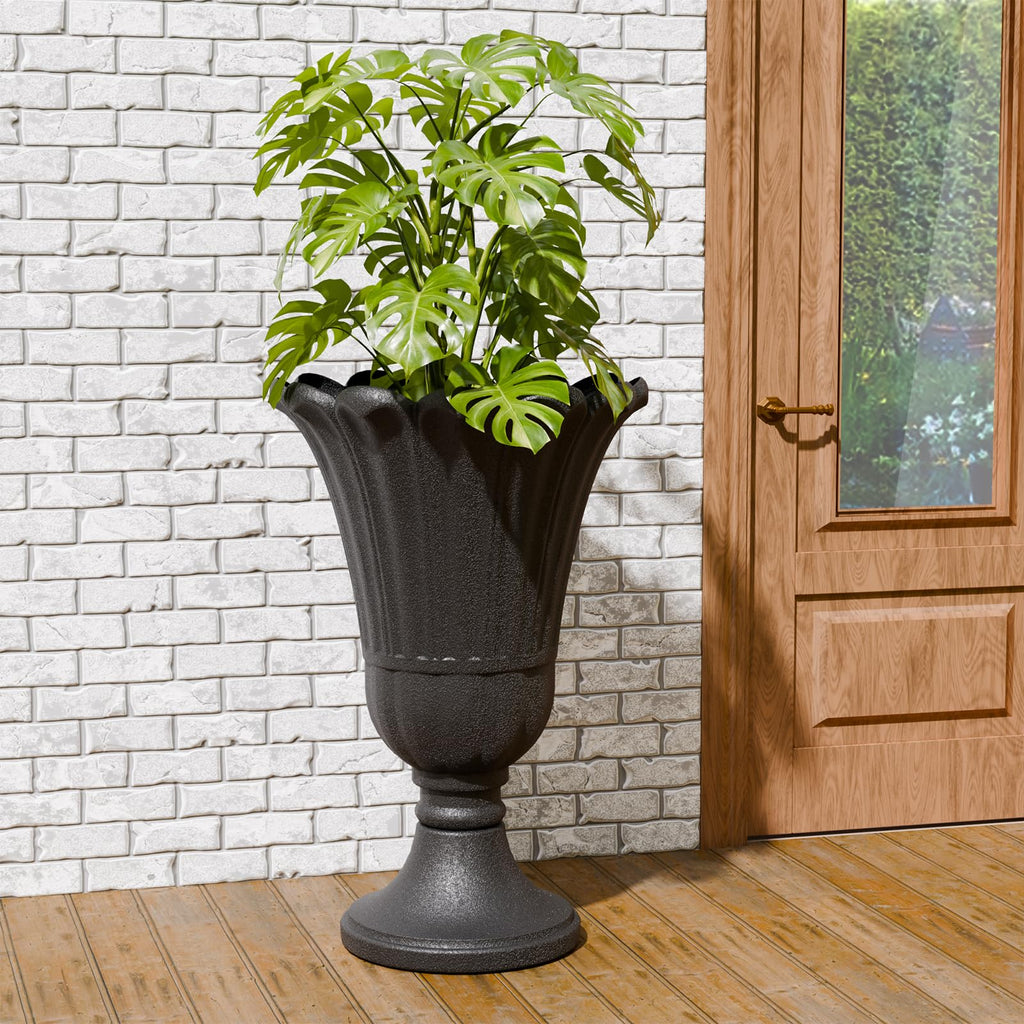 Tall Plastic Urn Planters and Pedestal - 24" Outdoor Planter Black