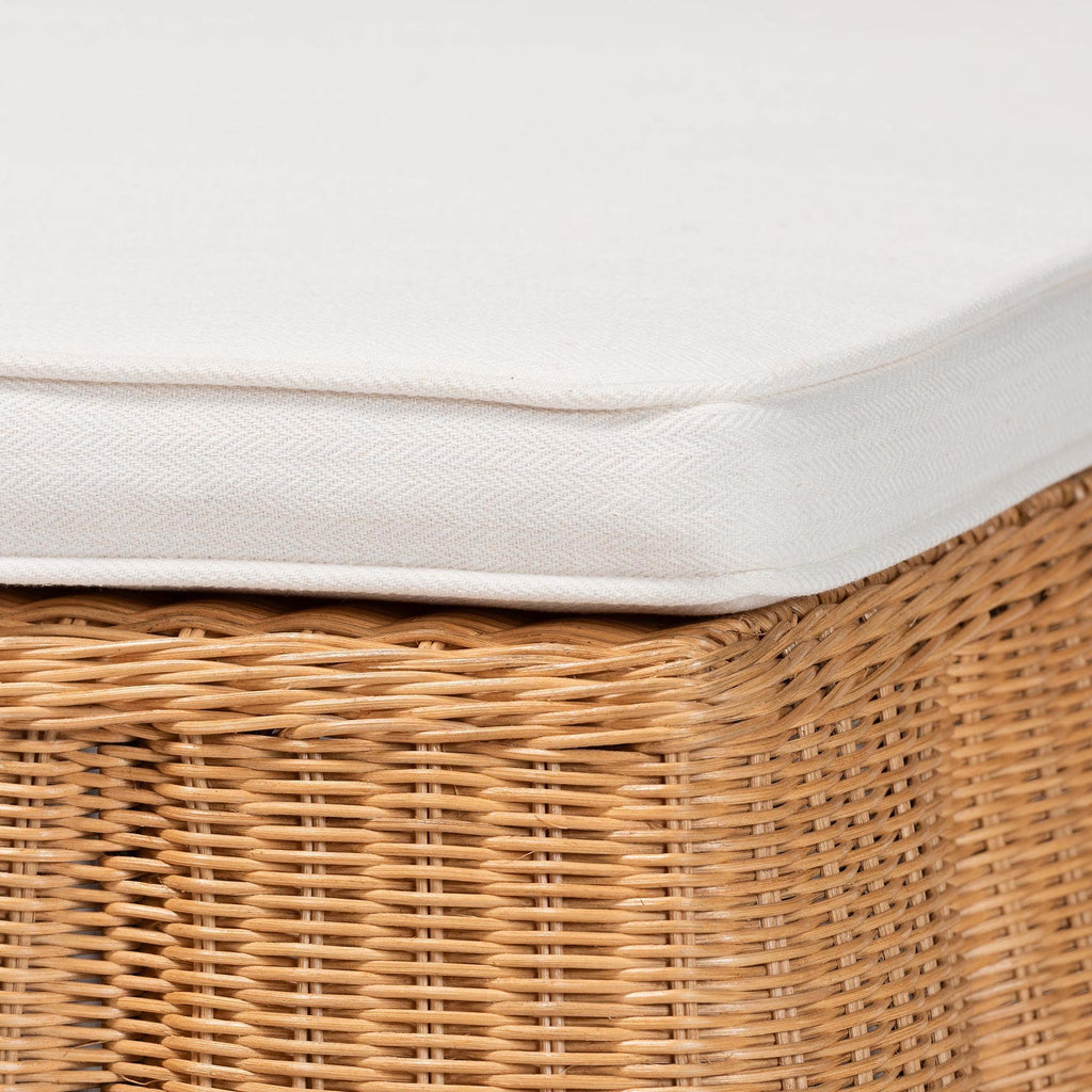Palm Scallop Natural Rattan Ottoman with Cushion - Handwoven Wicker Accent Bench or Footrest, or Sunroom Decor