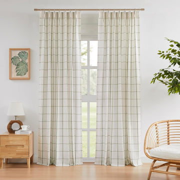 Sage Green Plaid Linen Pinch Pleated Semi Sheer Curtains Checkered Light Filtering Window Panels 84 inches Long for Living Room Bedroom Rustic Pleat Drapes with Back Tab Hooks 40" Wx84"Lx2