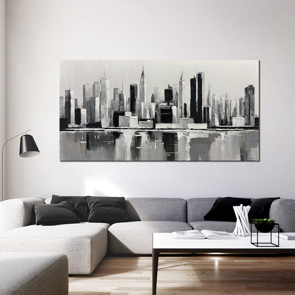 Black and White Wall Art New York City Textured Painting 29x58 Inch