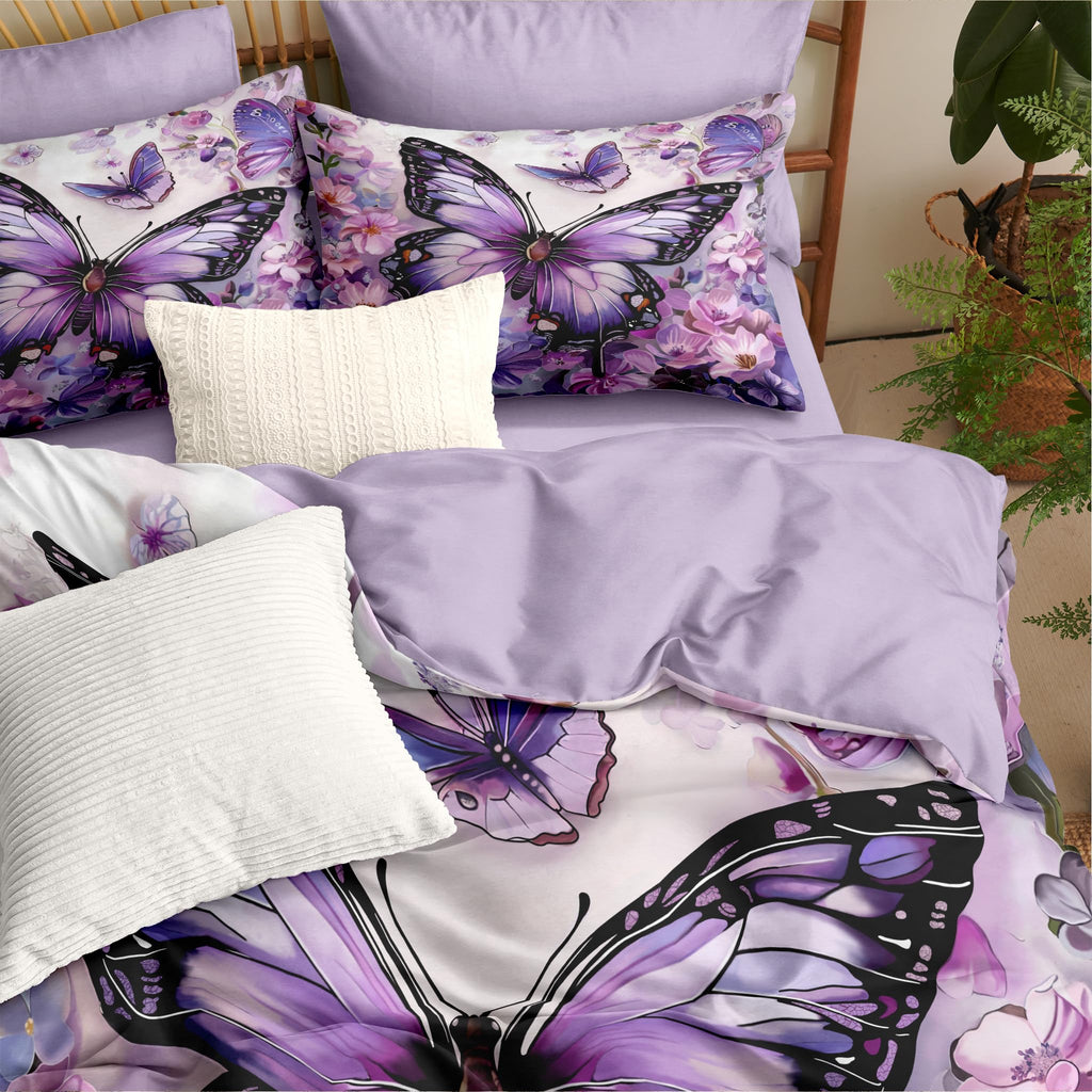 Aesthetic Flowers King Comforter Set Purple Butterfly Bedding Set for Women Girls Victorian Decor Quilt Set - 3Pcs