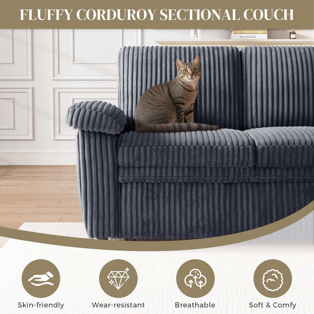Sectional Sleeper Sofa, Fluffy Soft Corduroy Couch with Pull Out Bed and Storage Chaise, Modern Comfy U Shaped Couch