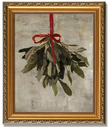 Vintage Christmas Mistletoe Gold Framed Wall Art Decor Christmas Muted Rustic Pine Tree Artwork Painting Dark Neutral