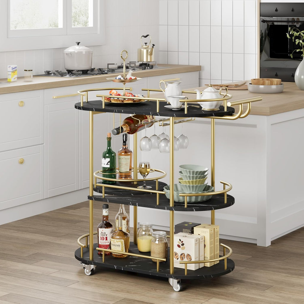 Modern 3-Tier Bar Cart with Wine Rack & Glass Holder | Rolling Serving Cart , Dining, Living Room, Black Marble