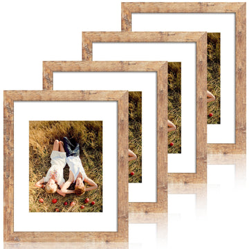11x14 Picture Frame Set of 4 with Tempered Glass, Rustic Brown Frame Display 8x10 Pictures with Mat or 11 x 14