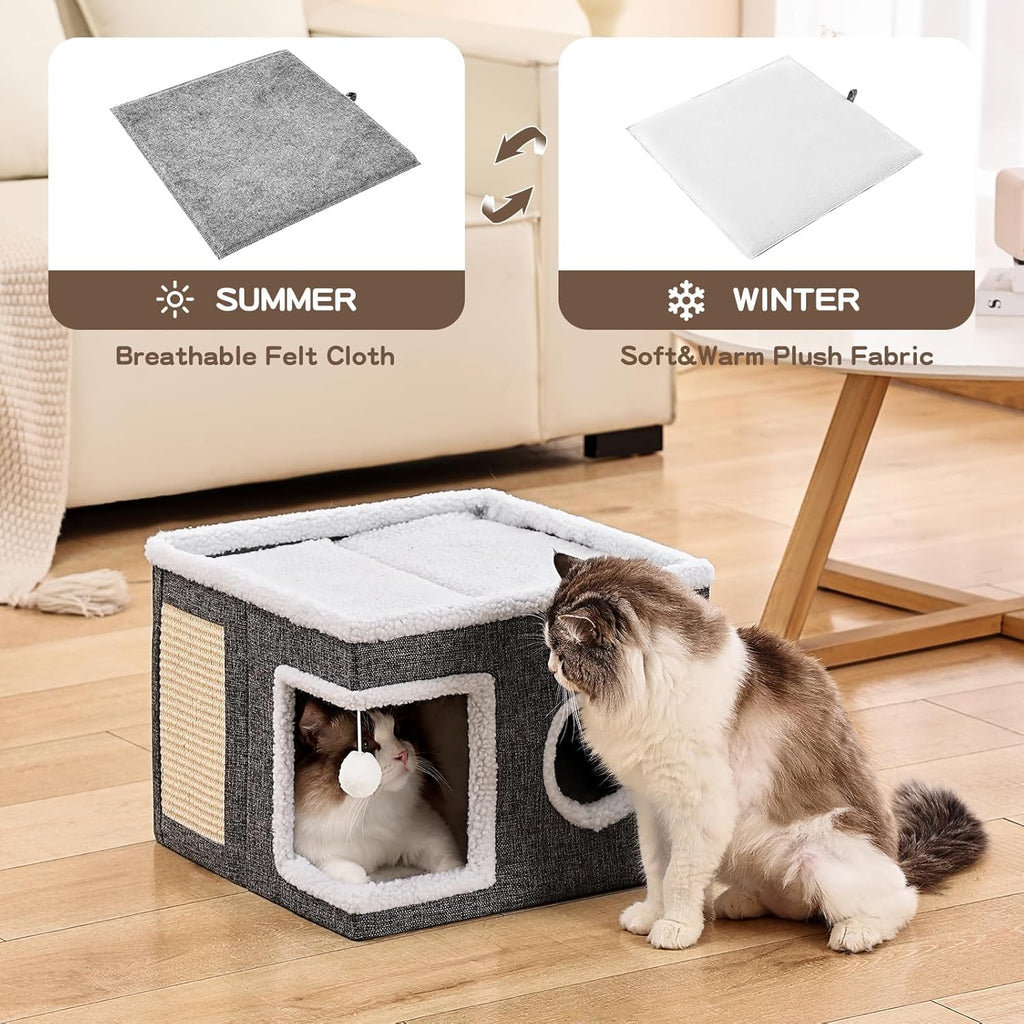 Large Cat Houses for Indoor Cats with Fluffy Ball and Scratch Pad