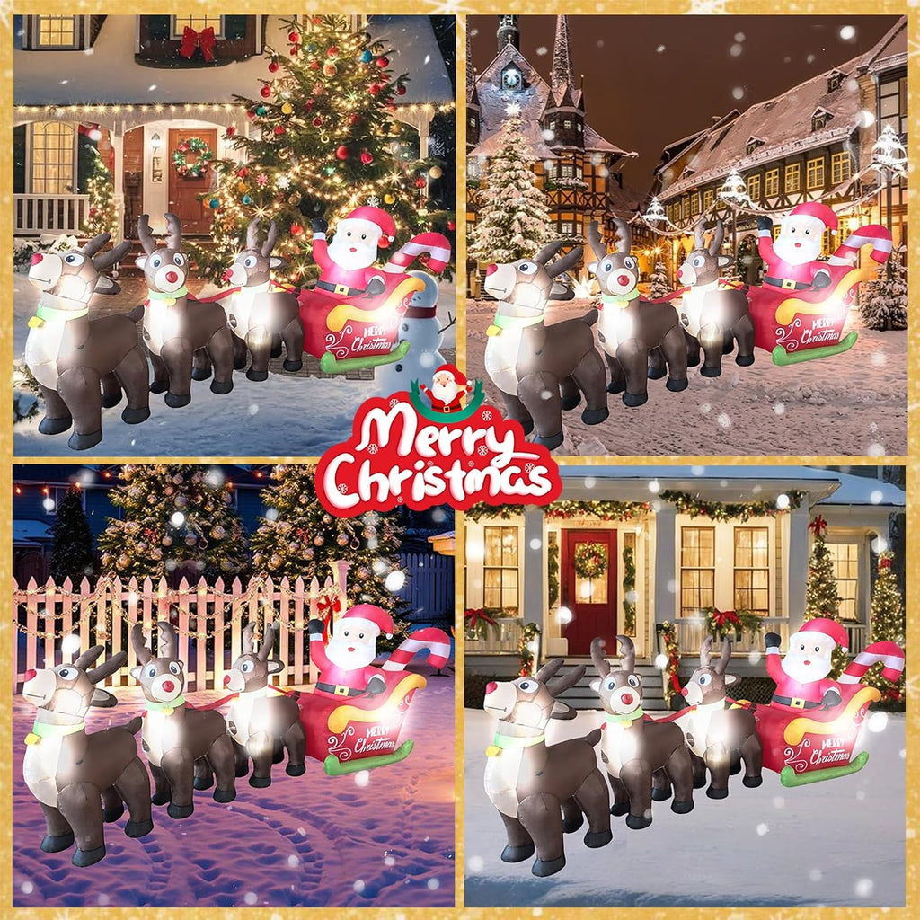 10 FT L Christmas Inflatables Santa Sleigh & Reindeer Outdoor Decorations