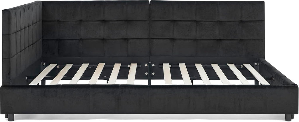 Queen Size Upholstered Corner Daybed, Modern L-Shaped Daybed with Tufted Backrest, Velvet Corner Bed Floor Bed Frame