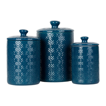 Diamond Embossed Ceramic Kitchen Canister Set, Set of 3, Diamond Blue