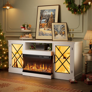 59", 3 Sided Glass Fireplace Entertainment Center for TVs up to 70'' w/Storage Cabinet, Glass Door, Adjustable Flame