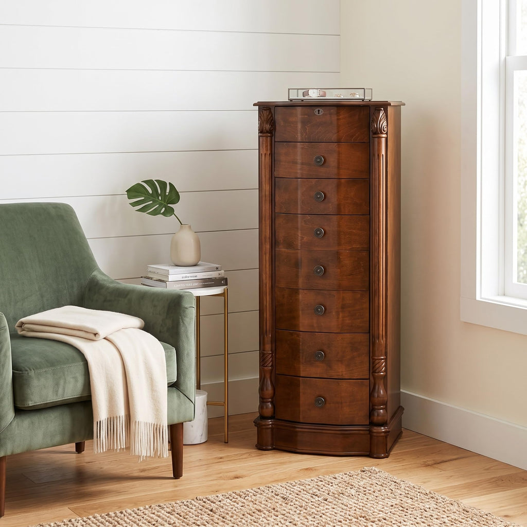 Annette Standing Jewelry Armoire, Locking Jewelry Cabinet, 7 Drawers, Necklace Hooks, Mirror, Secure Storage