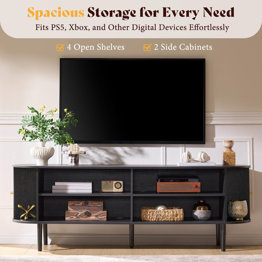 70" Mid-Century Modern Fluted TV Stand with Storage, Black