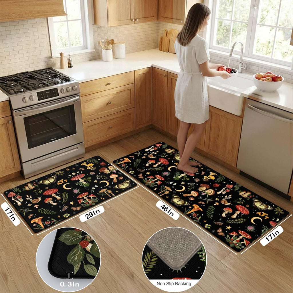 Mushroom Rug Kitchen Mats for Floor Cushioned Anti Fatigue Kitchen Rugs Sets of 2, Non Slip Waterproof Black Kitchen