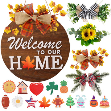 Interchangeable Welcome Sign for Front Door with 4 Seasonal Wreaths and 14 Changeable Icons, Farmhouse Front Door