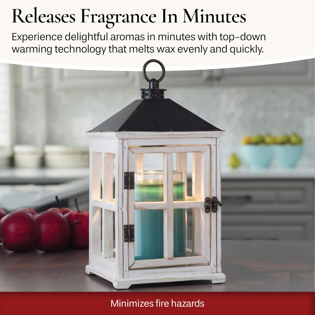 White Wooden Farmhouse Candle Warmer Lantern - for Top-Down Warming & Flame-Free Fragrance