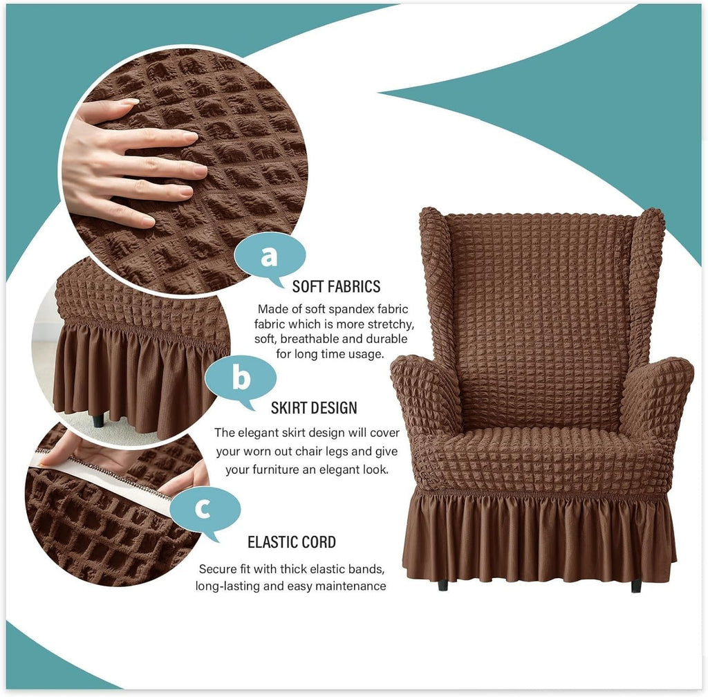Stretch Seersucker Wingback Chair Slipcover, Universal Bubble Wing Chair Slipcovers with Skirt, Living Room High Back