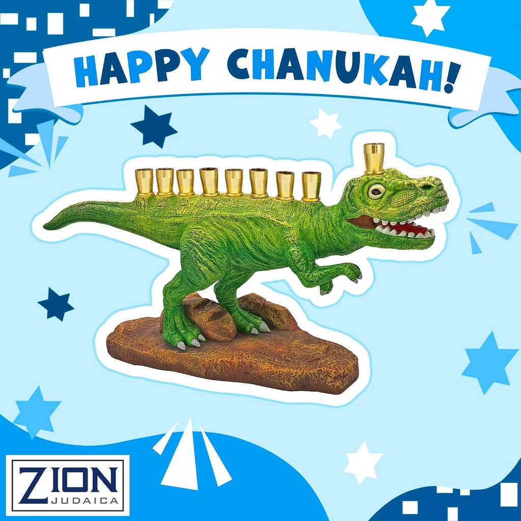 Zion Judaica Green Dinosaur Polyresin with Brass Cups Functional Kids Dino Candle Fits Standard Chanukah Candles