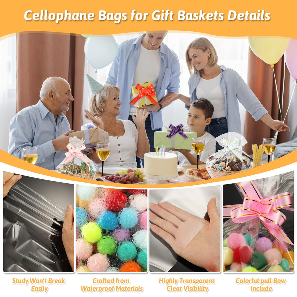 75PCS Clear Cellophane Bag for Gift Baskets 5 Sizes with Pull Bows