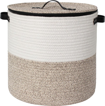 Basket with Lid, 15"x13" Round Woven Blanket Storage , Decorative Cotton Rope Hamper with Zipper Top, Wicker Basket