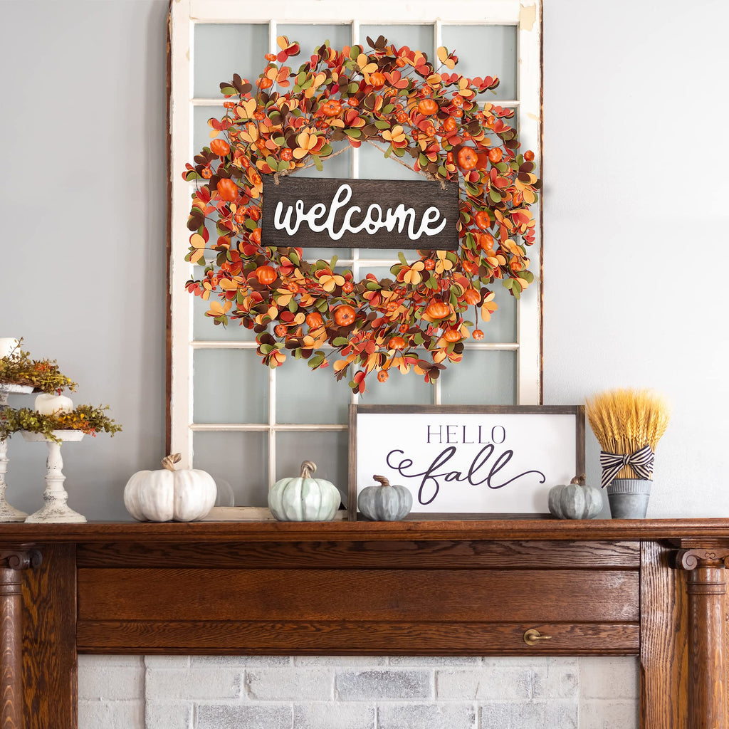 Fall Wreath 20'' Autumn Front Door Harvest with Small Pumpkin Berry Round Leaves Decorations for Outside Indoor Wall