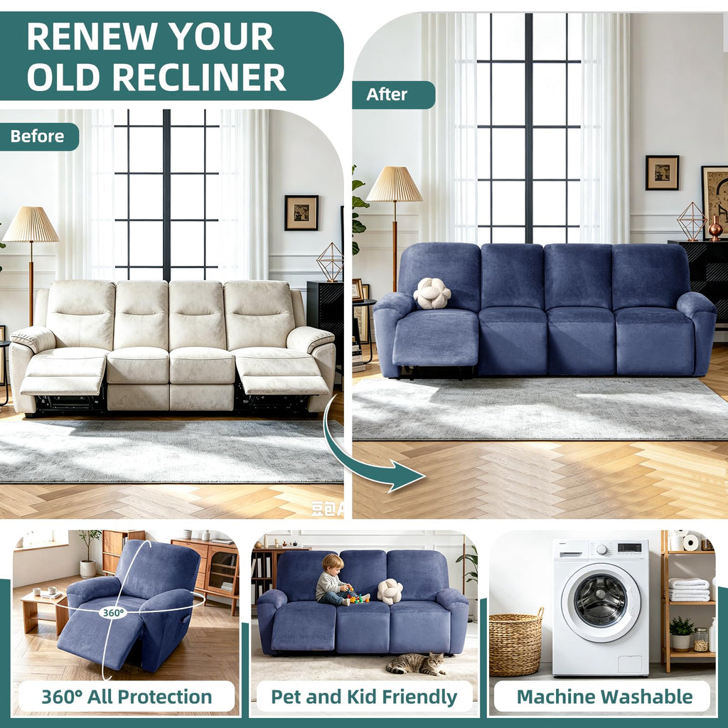 Waterproof Recliner Couch Covers 10-Pieces Velvet Stretch Sofa Covers for 4 Cushion Couch Reclining Slipcover
