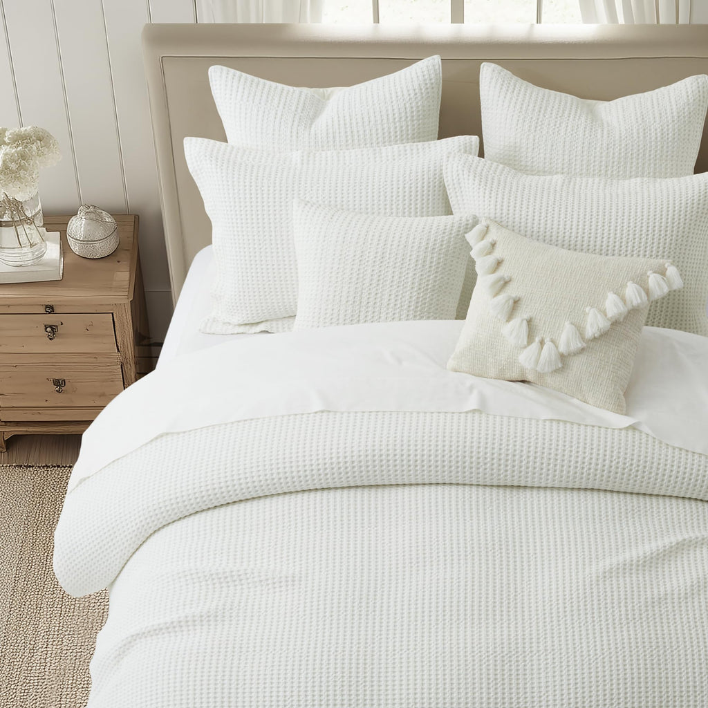 Mills Waffle Duvet Cover Set (106x94in) with 2 Pillow Shams (36x20in) - Cream - Cotton Duvet Cover Set