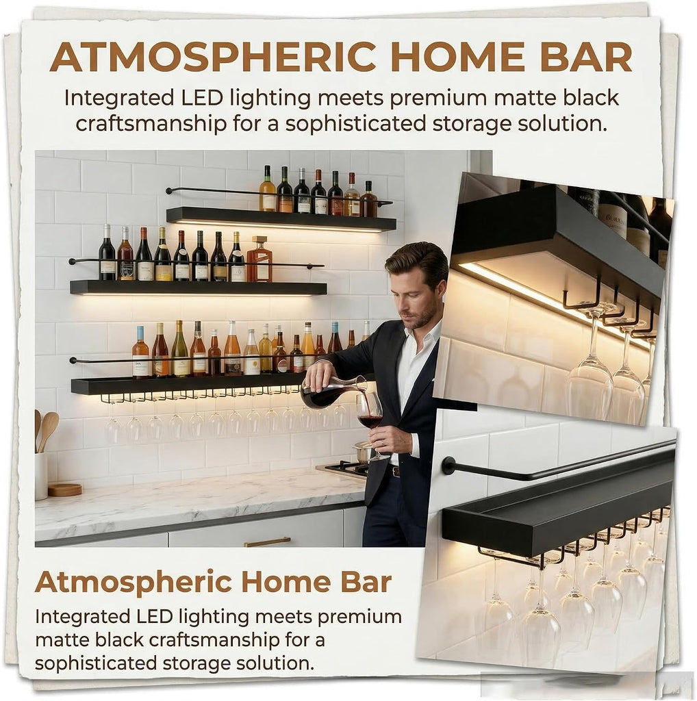 39IN Wall Mounted Wine Rack with LED Lights(White) | 3 tier industrial-style metal bottle rack glass holder hanging