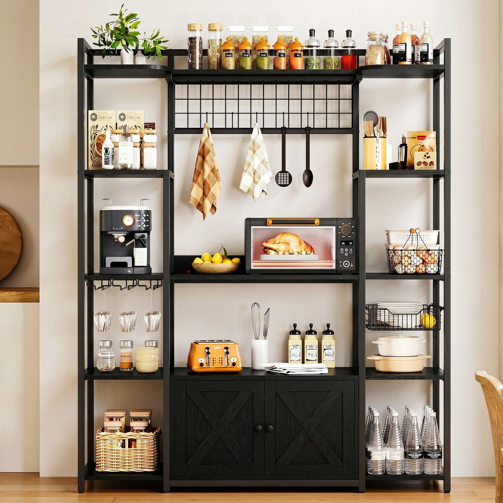 Bakers Rack with Power Outlet, Coffee Bar Cabinet, Vintage Black