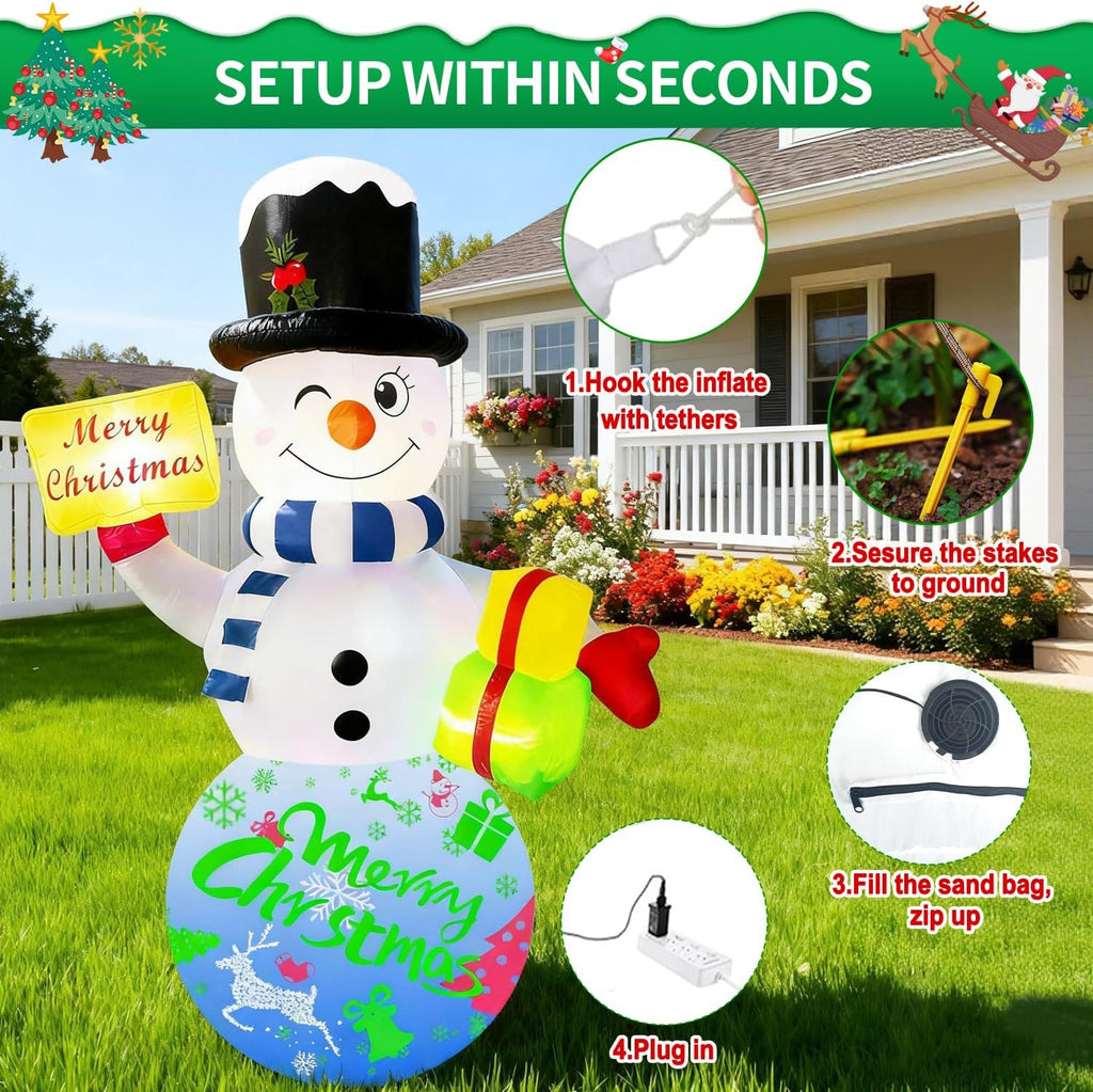 6FT Christmas Inflatables Snowman Outdoor Christmas Decorations Blow Up Snow Man Decor Built-in Rotating Music Box
