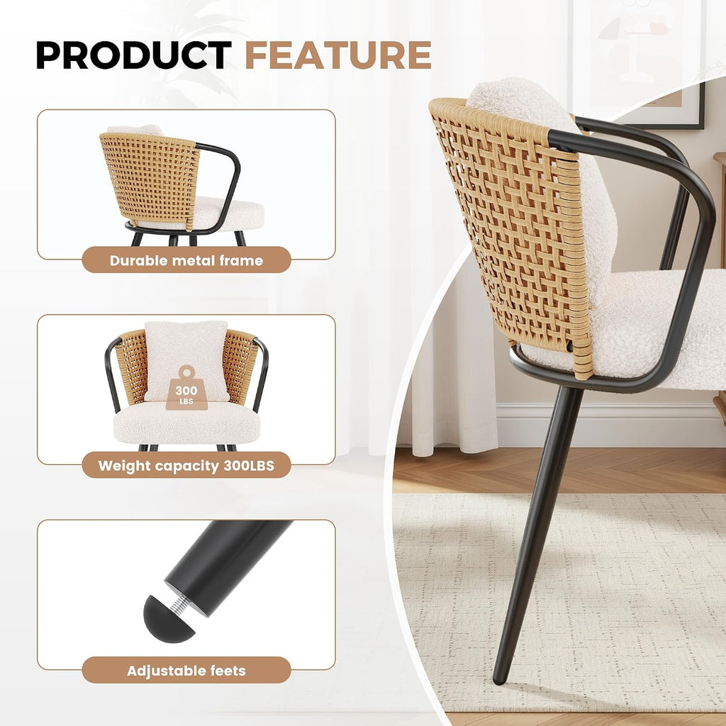 Modern Rattan Dining Chairs Set of 6, Upholstered Kitchen Chair with Metal Legs, Ergonomic Curved Backrest, Mid