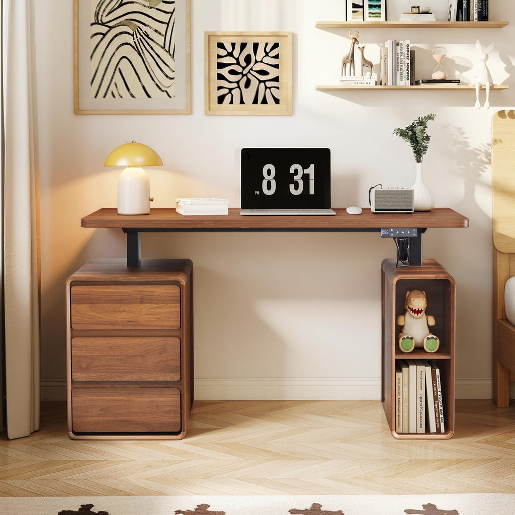 55" Wood Electric Standing Desk with Drawers and Storage Shelves
