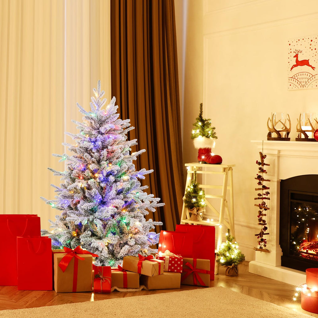 4.5 FT Pre-Lit Flocked Christmas Tree, Hinged Artificial Xmas Tree with 8 Lighting Modes, 160 Multi-Color LED Lights